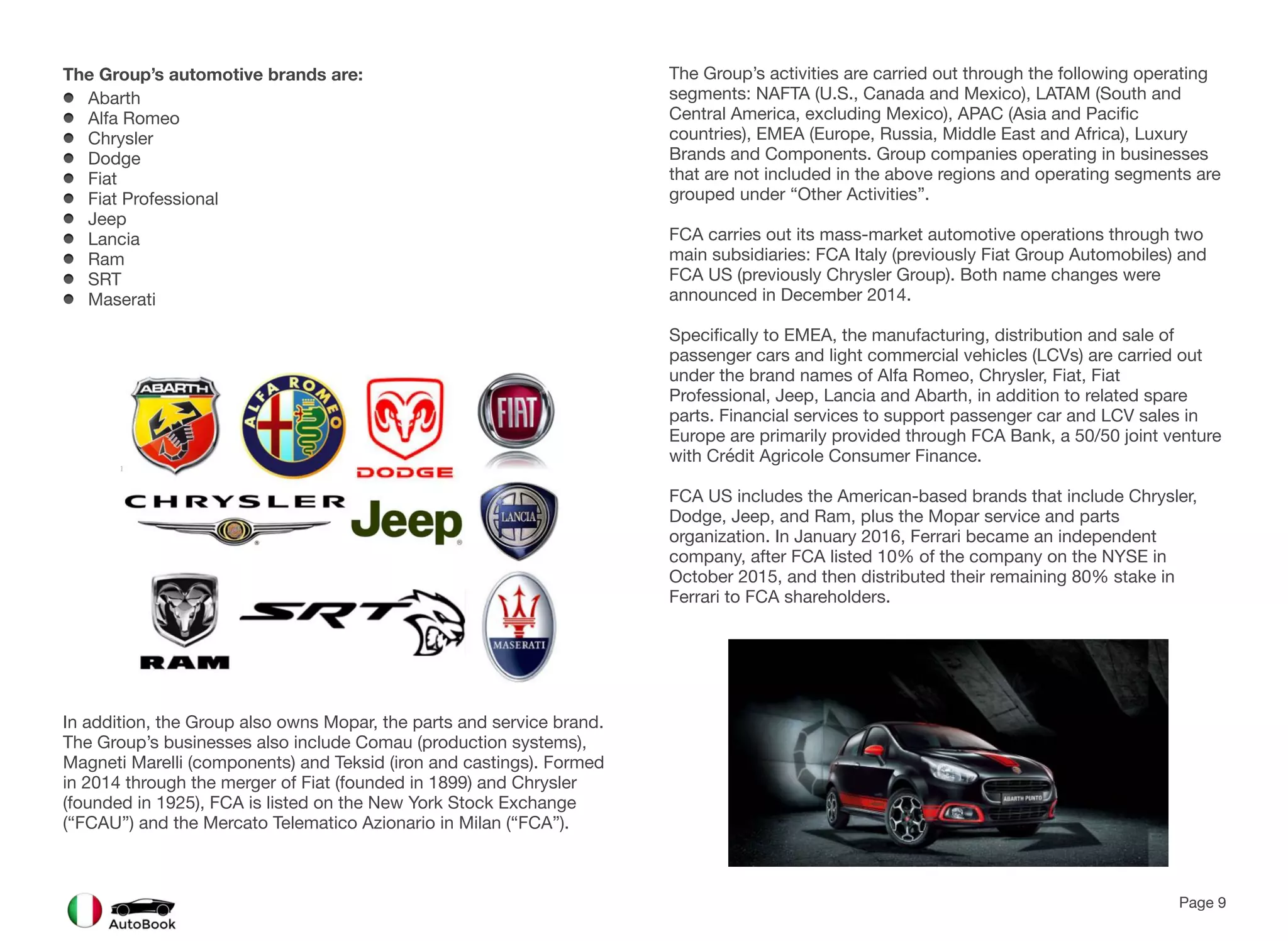 The Group’s automotive brands are:
Abarth
Alfa Romeo
Chrysler
Dodge
Fiat
Fiat Professional
Jeep
Lancia
Ram
SRT
Maserati
In addition, the Group also owns Mopar, the parts and service brand.
The Group’s businesses also include Comau (production systems),
Magneti Marelli (components) and Teksid (iron and castings). Formed
in 2014 through the merger of Fiat (founded in 1899) and Chrysler
(founded in 1925), FCA is listed on the New York Stock Exchange
(“FCAU”) and the Mercato Telematico Azionario in Milan (“FCA”).
The Group’s activities are carried out through the following operating
segments: NAFTA (U.S., Canada and Mexico), LATAM (South and
Central America, excluding Mexico), APAC (Asia and Pacific
countries), EMEA (Europe, Russia, Middle East and Africa), Luxury
Brands and Components. Group companies operating in businesses
that are not included in the above regions and operating segments are
grouped under “Other Activities”.
FCA carries out its mass-market automotive operations through two
main subsidiaries: FCA Italy (previously Fiat Group Automobiles) and
FCA US (previously Chrysler Group). Both name changes were
announced in December 2014.
Specifically to EMEA, the manufacturing, distribution and sale of
passenger cars and light commercial vehicles (LCVs) are carried out
under the brand names of Alfa Romeo, Chrysler, Fiat, Fiat
Professional, Jeep, Lancia and Abarth, in addition to related spare
parts. Financial services to support passenger car and LCV sales in
Europe are primarily provided through FCA Bank, a 50/50 joint venture
with Crédit Agricole Consumer Finance.
FCA US includes the American-based brands that include Chrysler,
Dodge, Jeep, and Ram, plus the Mopar service and parts
organization. In January 2016, Ferrari became an independent
company, after FCA listed 10% of the company on the NYSE in
October 2015, and then distributed their remaining 80% stake in
Ferrari to FCA shareholders.
Page 9