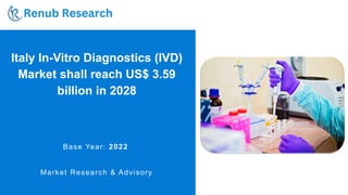Italy In-Vitro Diagnostics (IVD)
Market shall reach US$ 3.59
billion in 2028
Base Year: 2022
Market Research & Advisory
 