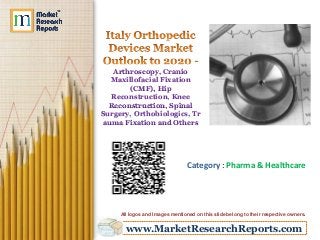 Arthroscopy, Cranio
Maxillofacial Fixation
(CMF), Hip
Reconstruction, Knee
Reconstruction, Spinal
Surgery, Orthobiologics, Tr
auma Fixation and Others

Category : Pharma & Healthcare

All logos and Images mentioned on this slide belong to their respective owners.

www.MarketResearchReports.com

 