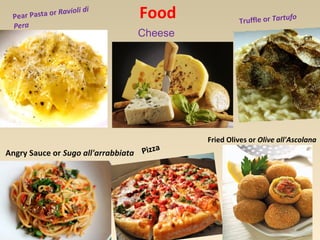 Food Pear Pasta or Ravioli di 
Pera 
Truffle or Tartufo 
Angry Sauce or Sugo all'arrabbiata 
Fried Olives or Olive all'Ascolana 
Cheese 
Pizza 
 