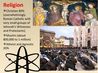 Religion 
Christian 80% 
(overwhelmingly 
Roman Catholic with 
very small groups of 
Jehovah's Witnesses 
and Protestants) 
Muslim (about 
800,000 to 1 million) 
Atheist and Agnostic 
20% 
 