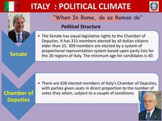 ITALY : POLITICAL CLIMATE
“When In Rome, do as Roman do”
Political Structure
Senate
• The Senate has equal legislative rights to the Chamber of
Deputies. It has 315 members elected by all Italian citizens
older than 25. 309 members are elected by a system of
proportional representation system based upon party lists for
the 20 regions of Italy. The minimum age for candidates is 40.
Chamber of
Deputies
• There are 630 elected members of Italy's Chamber of Deputies,
with parties given seats in direct proportion to the number of
votes they attain, subject to a couple of conditions
 