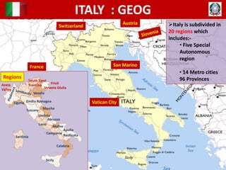 ITALY : GEOG
Switzerland
Austria
France San Marino
Vatican City
Italy is subdivided in
20 regions which
includes:-
• Five Special
Autonomous
region
• 14 Metro cities
96 Provinces
Friuli
Venezia Giulia
Veneto
Emilia Romagna
MarcheTuscany
Umbria
Abruzzo
Molise
Apulia
Basilicata
Calabria
Sicily
Sardinia
Campania
Lazio
Liguria
South Tyrol
TrentinoAosta
Valley
Regions
 