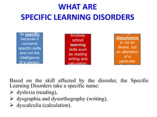 WHAT ARE
SPECIFIC LEARNING DISORDERS
Based on the skill affected by the disorder, the Specific
Learning Disorders take a specific name:
 dyslexia (reading),
 dysgraphia and dysorthography (writing),
 dyscalculia (calculation).
Its specific
because it
concerns
specific skills
and not the
intelligence
of a person.
Involves
school
learning
skills such
as reading
writing and
calculation.
The
disturbance
is not an
illness, but
an alteration
of a
particular
function.
 