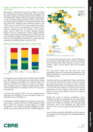Italy ViewPoint
Supply: Shopping centres, factory outlet centres,                         Italian shopping centre density vs population density*
retail parks
Retail space in Italy stands at almost 16 million sq m GLA,                                              171    85
with shopping centres accounting for 90%, while only 3% of                                                           326 348
                                                                                        397 1,997
the stock is made up of Factory Outlet Centres (FOCs) and
                                                                                                                                 326 1,117
7% of Retail Parks. Modern distribution began to develop late
                                                                             250       336                 354    266
in Italy compared to other European countries, and in 2011
the schemes above 20,000 sq m represent only 60% of the
                                                                                         95        480
total retail stock. Shopping centre expansion began in the
                                                                                                          251    282
1970s and was centred in the more prosperous northern                                                                            214    247
regions of the country. Consequently, the majority of the                                                        296       105
country’s shopping centres are located in the northern                                                                                   373    61
region, close to cities such as Milan, Bologna, Brescia,
Bergamo and Turin. Despite this, northern regions still lack                                                         220   772
                                                                                                                                              574    80
modern supply of regional shopping centres. FOC and retail                                                                                                      254     312
park development began only at the beginning of the 21st                                                                               106 2,630      83        59
century, so the geographical distribution is more balanced
compared to shopping centres, mainly for FOC.                                                334    123


Retail stock by format and area, % on the total
                                                                                                                                                          158    154
                                                                                         Shopping centre
                                                                                 0.0     density
100%                                                                                                                         111
                                                                                         GLA sq m/1,000 capita                          250
 90%
                                                                                 0.0     Population density
 80%                                                                                     Inhab/sq km 2009 (31-12)
 70%                                                                      Source: CBRE, Istat
                                                                          *Data refers to the main region’s province (capoluogo di provincia)
 60%
 50%                                                                      In terms of retail space per capita, regional differences
 40%                                                                      are still large in Italy, reflecting the structural imbalance
 30%                                                                      that characterises the Italian regional economy. In fact,
 20%                                                                      northern regions record figures above the European
 10%
                                                                          average.
  0%
               Shopping Centre         FOC                Retail Park     The map above points out that there are some
               Centre     Islands   South    North-west      North-east   metropolitan areas with high density of population, like
Source: CBRE
                                                                          Naples and Palermo in the south that still have a low stock
                                                                          of shopping centres.
The shopping centre evolution for the schemes above 20,000
sq m GLA over the last decade have underscored a strong                   A weaker consumer per capita level in these markets does
level of completions since 2000, for a yearly average of 12               not mean that retail market is weak. In fact, the level of
schemes until 2010. This figure was only six in previous                  per capita consumption is only one of many variables
years. Shopping centre completions declined after 2007,                   affecting the performance of a shopping centre, and often
until the lowest peak was reached in 2010, with only seven                it is one of the least relevant, as shown by the exciting
new openings.                                                             performance of some centres in the south or islands,
                                                                          which is in some cases difficult to find in the northern
In the first nine months of 2011, two new shopping centre                 markets’ schemes.
openings (over 20,000 sq m) were recorded in Italy, for a
total GLA of almost 90,000 sq m.                                          Despite the trend of slowing completions, future
                                                                          completions in Italy are expected to be one of the highest
Nevertheless, the Italian shopping centre stock, in terms of sq           in Europe. Based on current data, aggregate shopping
m per capita, is equal to 235 sq m/1,000 inhabitants in Q3                centres (with a GLA over 20,000 sq m) currently under
2011, below the European average (248 sq m/1,000                          construction due to be completed over 2011-2013
inhabitants). If we consider stock above 20,000 sq m GLA,                 amount to 20, a total of approximately 762,000 sq m
density is even lower, equal to 135 sq m/1,000 inhabitants.               GLA.

                                                                          There is further potential for 800,000 sq m GLA (equal to
                                                                                                                                                                                November 2011




                                                                          18 schemes) to be developed and completed between
                                                                          2012-2015.




                                                                                                                                                                       Page 5
                                                                                                                                                          ©2011, CBRE, Spa.
 