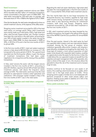 Italy ViewPoint
Retail Investment                                                                             Regarding the retail sub-sector distribution, high street retail
                                                                                              has been the most targeted asset, in the first nine months of
The direct Italian real estate investment volume over 2006-
                                                                                              2011 it accounted for 45% of total retail investment volume.
2010 recorded over €37 billion of investment transactions,
mainly concentrated in the boom years of 2006-2007. The
retail sector accounted for 25% each year, on average, with                                   This has mainly been due to one large transaction (La
the lowest share of 19% in 2008 to the highest of 37% in 2009.                                Rinascente Duomo), but investors’ appetite for high street
                                                                                              retail remains strong. Compared to previous years, high
                                                                                              street retail is also becoming attractive for institutional
Over the last decade, the retail sector strengthened its share on
                                                                                              investors, both local and foreign. Shopping centre
overall investment volume, at the expense of the office sector.
                                                                                              investment accounted for 15% of total retail investment in
                                                                                              the first nine months of 2011.
Shopping centre investment accounted for 65% of the total
retail sector, on average yearly. Other retail investments
                                                                                              In Q3, retail investment activity has been boosted by two
were mainly made up of retail parks, FOCs, high street and
                                                                                              portfolio transactions, the largest is the selling of the second
other retail formats (hypermarkets, etc). Foreign investors
                                                                                              part of the METRO Cash & Carry portfolio for almost €300
have been the most active in the retail sector, accounting for
                                                                                              million.
over 50% of total capital invested in the sector during the
boom years 2006-2008. Its share decreased in 2009 to
39%, in 2010 to 51% and in the first nine months of 2011                                      Over the past quarter, interest in the retail sector by local
to almost 40%.                                                                                non-specialist retail investors and new international players
                                                                                              increased. Among the first group of investors, some
                                                                                              institutions (generally office-driven investors with long-term
In the first nine months of 2011, total real estate investment
                                                                                              asset allocation strategies) are targeting the retail sector. For
volume in Italy stood at €3.24 billion an increase of 7.4%
                                                                                              those type of investors, a joint venture acquisition of retail
compared to the same period of 2010. The upward trend
                                                                                              assets, to be shared with a specialist retail investors, could be
recorded over the third quarter reflects, in part, the closing
                                                                                              an opportunity to enter the sector for the first time. In fact, this
of investment transactions that had been under
                                                                                              model allows the non-specialist investors to benefit from the
negotiations for a long time and the closing of few portfolio
                                                                                              expertise and asset management skills of the specialist, who
transactions.
                                                                                              retain a share of the asset. In turn, this structure allows the
                                                                                              specialist to share the risk of the investment and to transact
In Italy, retail remains the sector with the largest volume
                                                                                              large lot sizes.
invested in the first nine months of 2011, amounting to
about €1.8 billion, equal to almost 55% of total real estate
                                                                                              Investors continue to be focused on core assets in all
investment volume, well above the long-term yearly
                                                                                              sectors, thus creating a downward pressure on yields, which
average of 25%. The retail sector continues to be the most
                                                                                              remain low in the high street sector at 5.25%. Prime
attractive to international investors (retail specialists and
                                                                                              shopping centre supply is limited, but is more balanced with
institutions): 73% of foreign capital invested in Italy in the
                                                                                              demand compared to other asset classes (office and
first nine months of 2011 was in the retail sector.
                                                                                              logistics), leading prime yields to stabilise at 6.15% in the
                                                                                              first nine months of 2011.
Investment evolution and retail share compared
to total, Italy                                                                               Prime yield evolution Italy
      12.000

                              24%                                                                                   8,00

      10.000                                                                                                        7,50

                    24%                                                                                             7,00
                                                                                              Prime Gross Yield %




                                             19%                                                                    6,50
            8.000
                                                                                                                    6,00
€ million




                                                                                                                    5,50
            6.000                                                                                                   5,00
                                                             37%         30%                                        4,50

            4.000                                                                                                   4,00
                                                                                     55%
                                                                                                                    3,50
                                                                                                                           Q1 2006
                                                                                                                           Q2 2006
                                                                                                                           Q3 2006
                                                                                                                           Q4 2006
                                                                                                                           Q1 2007
                                                                                                                           Q2 2007
                                                                                                                           Q3 2007
                                                                                                                           Q4 2007
                                                                                                                           Q1 2008
                                                                                                                           Q2 2008
                                                                                                                           Q3 2008
                                                                                                                           Q4 2008
                                                                                                                           Q1 2009
                                                                                                                           Q2 2009
                                                                                                                           Q3 2009
                                                                                                                           Q4 2009
                                                                                                                           Q1 2010
                                                                                                                           Q2 2010
                                                                                                                           Q3 2010
                                                                                                                           Q4 2010
                                                                                                                           Q1 2011
                                                                                                                           Q2 2011
                                                                                                                           Q3 2011




            2.000

                                                                                                                                   ––––Office Prime   ––––Shopping Centre – Secondary
               0
                                                                                                                                                                                                 November 2011




                                                                                                                                   ––––High Street    ––––Shopping Centre – Prime
                    2006     2007           2008             2009        2010       Q3 2011
                                                                                                                    Source: CBRE
                           Total Investment (excl. Retail)      Retail Investment
Source: CBRE




                                                                                                                                                                                        Page 9
                                                                                                                                                                             ©2011, CBRE, Spa.
 