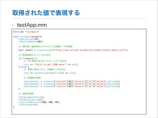 取得された値で表現する
‣

testApp.mm

#include "testApp.h"

!

void testApp::setup(){
ofBackground(0);
ofSetFrameRate(60);
// ARTSAT WebAPIにアクセスしてJSONデータを取得
bool result = response.open("http://api.artsat.jp/web/v2/invader/sensor_data.json");
// 取得結果をコンソールに出力
if (!result) {
// もし取得できなかったら、エラーを出力
cout << "faild to get JSON data!" << endl;
} else {
// 取得に成功したら、JSONデータを出力
cout << response.getRawString() << endl;
// 角速度を取得

}

angleSpeed.x = response["results"][0]["sensors"]["ax"]["value"].asFloat();
angleSpeed.y = response["results"][0]["sensors"]["ay"]["value"].asFloat();
angleSpeed.z = response["results"][0]["sensors"]["az"]["value"].asFloat();

// 3D表示設定

}

ofEnableDepthTest();
ofEnableLighting();
light.setPosition(200, 300, 50);
light.enable();

 