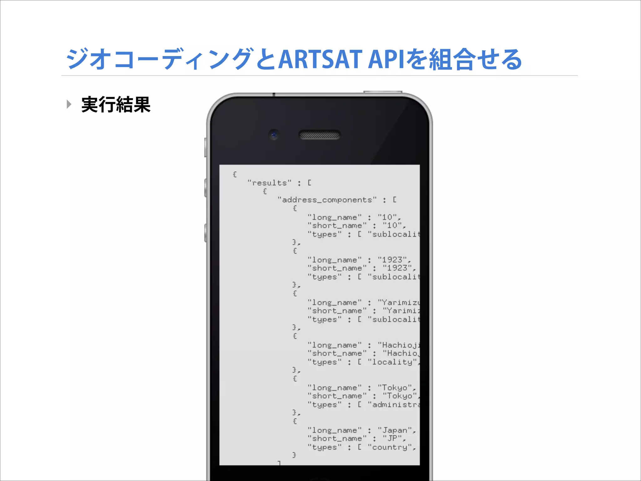 ジオコーディングとARTSAT APIを組合せる
‣ 実行結果

 