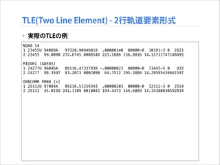 TLE(Two Line Element) - 2行軌道要素形式
‣ 実際のTLEの例
NOAA 14
1 23455U 94089A
97320.90946019 .00000140 00000-0 10191-3 0 2621
2 23455 99.0090 272.6745 0008546 223.1686 136.8816 14.11711747148495

!

MIDORI (ADEOS)
1 24277U 96046A
2 24277 98.3597

!

09116.47337938 -.00000023 00000-0 73445-5 0
432
83.2073 0002090 64.7512 295.3886 14.28595439661547

ORBCOMM FM08 [+]
1 25112U 97084A
09116.51259343 .00000203 00000-0 12112-3 0 2154
2 25112 45.0199 241.1109 0010042 194.4473 165.6089 14.34380830592834

 