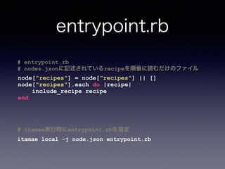 Berkshelf > Gemﬁle
# itamae
gem 'json'
gem 'itamae'
gem 'itamae-secrets'
# plugins
gem 'itamae-plugin-recipe-supervisor', 
:github => 'toritori0318/itamae-plugin-recipe-supervisor'
gem 'itamae-plugin-recipe-consul', 
:github => 'toritori0318/itamae-plugin-recipe-consul'
Gemﬁle
 