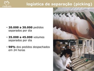 logística de separação (picking)




• 20.000 a 30.000 pedidos
  separados por dia

• 35.000 a 45.000 volumes
  separados por dia

• 98% dos pedidos despachados
  em 24 horas




                                           16
 