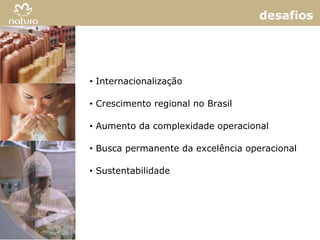 desafios




• Internacionalização

• Crescimento regional no Brasil

• Aumento da complexidade operacional

• Busca permanente da excelência operacional

• Sustentabilidade




                                               21
 
