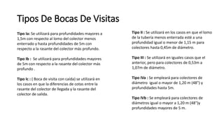 Tipos De Bocas De Visitas
Tipo Ia: Se utilizará para profundidades mayores a
1,5m con respecto al lomo del colector menos
enterrado y hasta profundidades de 5m con
respecto a la rasante del colector más profundo.
Tipo Ib : Se utilizará para profundidades mayores
de 5m con respecto a la rasante del colector más
profundo .
Tipo Ic : ( Boca de visita con caída) se utilizará en
los casos en que la diferencias de cotas entre la
rasante del colector de llegada y la rasante del
colector de salida.
Tipo II : Se utilizará en los casos en que el lomo
de la tubería menos enterrada esté a una
profundidad igual o menor de 1,15 m para
colectores hasta 0,45m de diámetro.
Tipo III : Se utilizará en iguales casos que el
anterior, pero para colectores de 0,53m a
1,07m de diámetro.
Tipo IVa : Se empleará para colectores de
diámetro igual o mayor de 1,20 m (48") y
profundidades hasta 5m.
Tipo IVb : Se empleará para colectores de
diámetros igual o mayor a 1,20 m (48")y
profundidades mayores de 5 m.
 