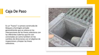 Caja De Paso
Es un "hueco" o camara construida de
bloques y hormigón armado
generalmente que se coloca en las
intersecciones de las lineas colectoras con
las diferentes tuberias que les son
conectadas asi como tambien en los
cambios de direcciones con el objetivo de
inspeccionar y limpiar las lineas
colectoras.
 