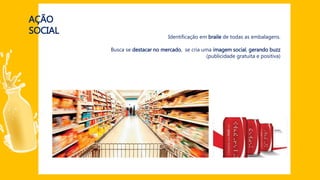 AÇÃO
SOCIAL
Identificação em braile de todas as embalagens.
Busca se destacar no mercado, se cria uma imagem social, gerando buzz
(publicidade gratuita e positiva)
 