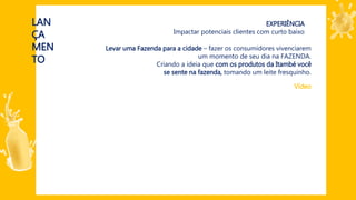 LAN
ÇA
MEN
TO
EXPERIÊNCIA
Impactar potenciais clientes com curto baixo
Levar uma Fazenda para a cidade – fazer os consumidores vivenciarem
um momento de seu dia na FAZENDA.
Criando a ideia que com os produtos da Itambé você
se sente na fazenda, tomando um leite fresquinho.
Vídeo
 