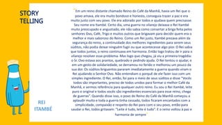 STORY
TELLING
“Em um reino distante chamado Reino do Café da Manhã, havia um Rei que o
povo amava, ele era muito bondoso e honesto, conseguia trazer a paz e era
muito justo com seu povo. Ele era adorado por todos e ajudava quem precisasse.
Seu nome era Itambé. Certo dia, uma guerra no vilarejo deixava o Rei Itambé
muito preocupado e angustiado, ele não sabia como consertar a briga feita pelos
senhores Ovo, Café, Trigo e muitos outros que brigavam para decidir quem era o
melhor e mais saboroso do Reino. Como um Rei justo, Itambé prezava além da
segurança do reino, a continuidade dos melhores ingredientes para serem seus
súditos, não podia deixar ninguém fugir ou que acontecesse algo pior. O Rei sabia
que todos juntos, o reino continuava em harmonia. Então logo tratou de ir para o
vilarejo resolver esse problema. Mas logo que chegou, já viu a primeira tragédia:
o Sr. Ovo estava aos prantos, quebrado e pedindo ajuda. O Rei tentou o ajudar, e
em um gesto de solidariedade, se derramou no ferido e melhorou um pouco da
sua dor. Os súditos briguentos pararam imediatamente a guerra quando viram o
Rei ajudando o Senhor Ovo. Não entendiam o porquê de ele fazer isso com um
simples ingrediente. O Rei, então, foi para o meio de seus súditos e disse “Vocês
todos são importantes, preciso de todos unidos para formar o melhor Café da
Manhã, e sermos referência para qualquer outro reino. Eu sou o Rei Itambé, leite
puro e original e todos vocês são ingredientes essenciais para esse reino, chega
de guerras”. Quando disse isso, o povo do Reino do Café da Manhã começou a
aplaudir muito e toda a guerra tinha cessado, todos ficaram encantados com a
simplicidade, compaixão e respeito do Rei para com o seu povo, então para
saudar o Rei, todos gritavam: “Leite é tudo, leite é tudo”. E o reino voltou à paz e
harmonia de sempre”
REI
ITAMBÉ
 