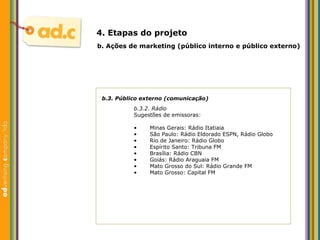 b.3. P úblico externo (comunicação) b.3.2. R ádio Sugest ões de emissoras:   b.  Aç ões  de marketing (p úblico interno e público externo) 4. Etapas do projeto Minas Gerais: Rádio Itatiaia São Paulo: R ádio Eldorado ESPN, Rádio Globo Rio de Janeiro: Rádio Globo Espírito Santo: Tribuna FM  Brasília: Rádio CBN Goiás: Rádio Araguaia FM Mato Grosso do Sul: Rádio Grande FM Mato Grosso: Capital FM 