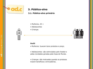 3. P úblico-alvo •  Mulheres, 25 + •  Adolescentes •  Crianças P erfil •  Mulheres: buscam bons produtos e preço. •  Adolescentes: são estimulados pelo futebol e pelas novidades geradas pela Copa do Mundo. •  Crianças: são motivadas quando os produtos trazem benefícios e brincadeiras. 3.1. P úblico-alvo primário 