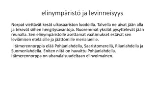 elinympäristö ja levinneisyys
Norpat viettävät kesät ulkosaariston luodoilla. Talvella ne uivat jään alla
ja tekevät siihen hengitysavantoja. Nuoremmat yksilöt pysyttelevät jään
reunalla. Sen elinympäristölle asettamat vaatimukset estävät sen
leviämisen eteläisille ja jäättömille merialueille.
Itämerennorppia elää Pohjanlahdella, Saaristomerellä, Riianlahdella ja
Suomenlahdella. Eniten niitä on havaittu Pohjanlahdella.
Itämerennorppa on uhanalaisuudeltaan elinvoimainen.
 