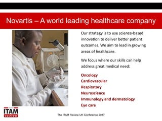 The ITAM Review UK Conference 2017
Novartis – A world leading healthcare company
Our	
  strategy	
  is	
  to	
  use	
  science-­‐based	
  
innova3on	
  to	
  deliver	
  be5er	
  pa3ent	
  
outcomes.	
  We	
  aim	
  to	
  lead	
  in	
  growing	
  
areas	
  of	
  healthcare.	
  
We	
  focus	
  where	
  our	
  skills	
  can	
  help	
  
address	
  great	
  medical	
  need:	
  
Oncology	
  
Cardiovascular	
  
Respiratory	
  	
  
Neuroscience	
  
Immunology	
  and	
  dermatology	
  	
  
Eye	
  care	
  	
  
 