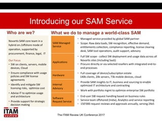 The ITAM Review UK Conference 2017
Introducing our SAM Service
SAM	
  Managed	
  
Service	
  
•  Managed	
  service	
  provided	
  by	
  global	
  SAM	
  partner	
  
•  Scope:	
  Raw	
  data	
  loads,	
  SW	
  recogni3on,	
  eﬀec3ve	
  demand,	
  
en3tlements	
  collec3on,	
  compliance	
  repor3ng,	
  license	
  clearing	
  
desk,	
  SAM	
  tool	
  opera3ons,	
  audit	
  support,	
  advisory	
  
Applica3ons	
  
•  Full	
  SW	
  scope	
  -­‐	
  collect	
  SW	
  deployment	
  and	
  usage	
  data	
  across	
  all	
  
Novar3s	
  sites	
  (including	
  SaaS)	
  
•  Procure	
  directly	
  or	
  via	
  selected	
  resellers	
  with	
  integrated	
  end-­‐to-­‐
end	
  processes	
  
Hardware	
  
•  Full	
  coverage	
  of	
  device/subscrip3on	
  estate	
  
	
  	
  	
  	
  140k	
  clients,	
  20k	
  servers,	
  73k	
  mobile	
  devices,	
  cloud	
  
Internal	
  
Advisory	
  
•  Provide	
  SAM	
  insights	
  to	
  IT,	
  business	
  and	
  sourcing	
  to	
  enable	
  
op3mized	
  IT	
  architecture	
  and	
  contrac3ng	
  
•  Work	
  with	
  por`olio	
  mgmt	
  to	
  op3mize	
  enterprise	
  SW	
  por`olio	
  
SoGware	
  
Request	
  Service	
  
•  End-­‐user	
  SW	
  request	
  handling	
  based	
  on	
  business	
  rules	
  
•  Service	
  team	
  oﬀshored	
  (India),	
  Analy3cs	
  and	
  service	
  repor3ng	
  
•  150’000	
  request	
  reviews	
  and	
  approvals	
  annually,	
  serving	
  24x5	
  
Who are we? What we do to manage a world-class SAM
Novar3s	
  SAM	
  core	
  team	
  in	
  a	
  
hybrid	
  on-­‐/oﬀshore	
  mode	
  of	
  
opera3on,	
  supported	
  by	
  
procurement,	
  ﬁnance,	
  legal,	
  	
  IT	
  	
  
	
  
Our	
  Focus	
  
•  SW	
  on	
  clients,	
  servers,	
  mobile	
  
devices,	
  Cloud	
  
•  Ensure	
  compliance	
  with	
  usage	
  
policies	
  and	
  SW	
  license	
  
agreements	
  
•  Iden3fy	
  and	
  mi3gate	
  SW	
  
licensing	
  risks,	
  	
  op3mize	
  cost	
  
•  Advise	
  IT	
  to	
  op3mize	
  usage	
  
and	
  architecture	
  
•  Provide	
  support	
  for	
  strategic	
  
decision	
  making	
  
 