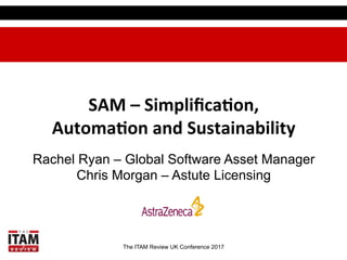 The ITAM Review UK Conference 2017
SAM	
  –	
  Simpliﬁca-on,	
  
Automa-on	
  and	
  Sustainability	
  
Rachel Ryan – Global Software Asset Manager
Chris Morgan – Astute Licensing
 