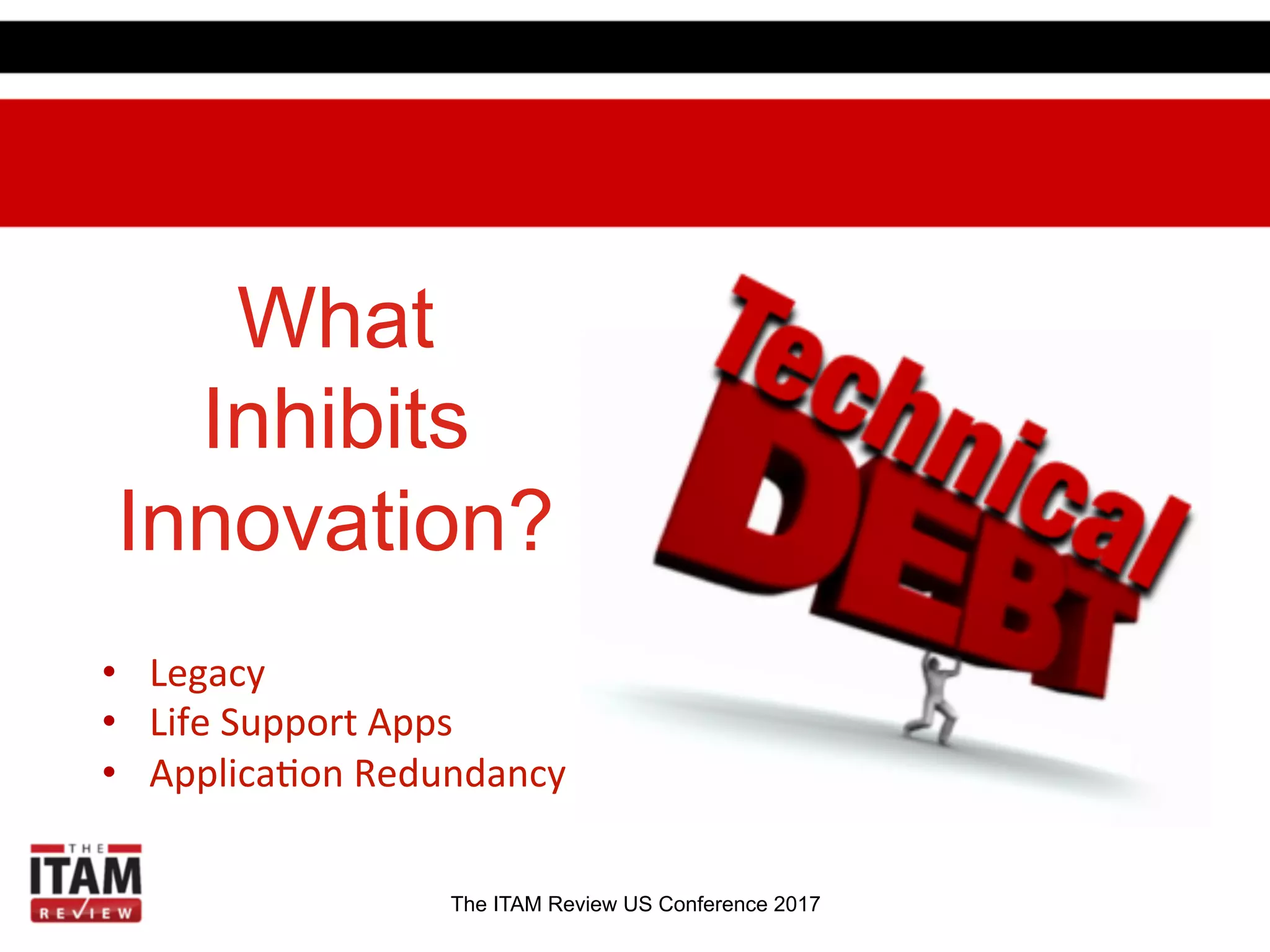 The ITAM Review US Conference 2017
What
Inhibits
Innovation?
•  Legacy	
  
•  Life	
  Support	
  Apps	
  
•  Applica.on	
  Redundancy	
  
 