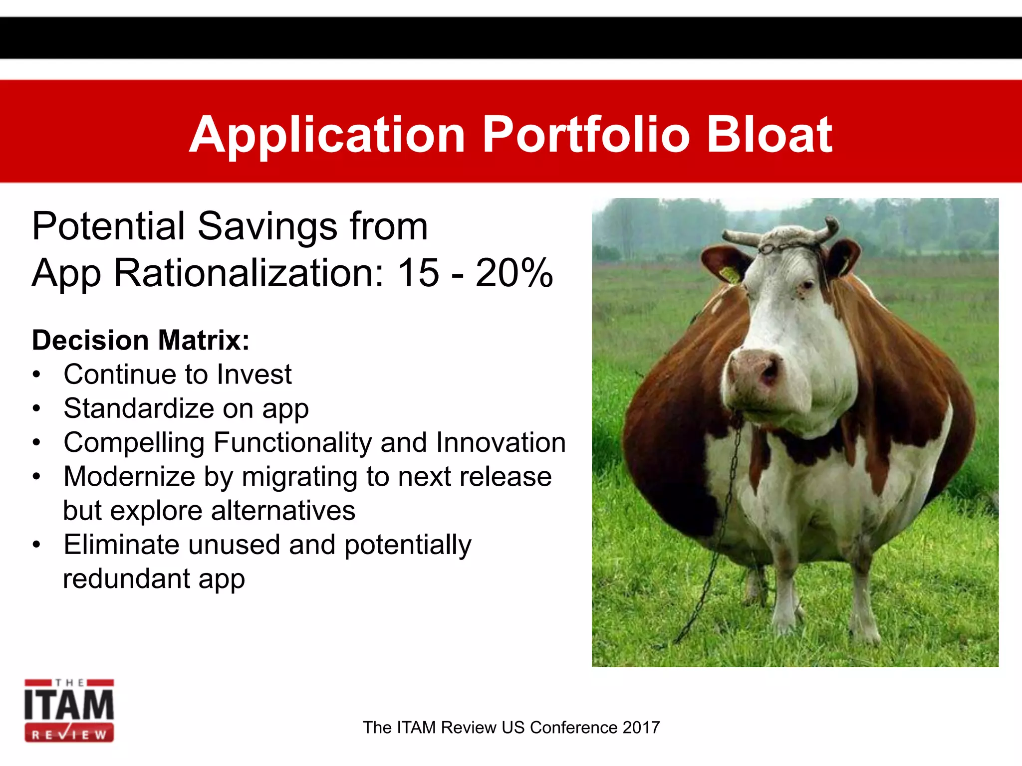 The ITAM Review US Conference 2017
Application Portfolio Bloat
Potential Savings from
App Rationalization: 15 - 20%
Decision Matrix:
•  Continue to Invest
•  Standardize on app
•  Compelling Functionality and Innovation
•  Modernize by migrating to next release
but explore alternatives
•  Eliminate unused and potentially
redundant app
 