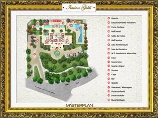 MASTERPLAN Guarita Estacionamento Visitantes Porte Cochère Hall Social Salão de Festas Hall Serviço Sala de Recreação Sala de Ginástica W.C. Feminino e Masculino Estar Sauna Seca Sauna à Vapor Duchas Copa Bar Gazebo Descanso / Massagem Piscina Infantil Piscina Adulto Deck Molhado