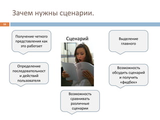 Зачем нужны сценарии.
16



      Получение четкого
      представления как
                          Сценарий         Выделение
                                            главного
         это работает




       Определение                        Возможность
     последовательност                  обсудить сценарий
         и действий                         и получить
       пользователя                         «фидбек»

                          Возможность
                           сравнивать
                           различные
                            сценарии
 