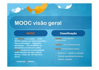 MOOC visão geral
MOOC
Um MOOC é um curso ... Cada
MOOC explora um tema específico.
Tem professores ... liderando
atividades ... Em um MOOC as
atividades acontecem online.
MOOCs exploram as tecnologias
mais variadas da web: vídeos,
fóruns, chats, etc. (D. Gurreiro,
2013)
M (massive) O (Open)

Classificação
!

xMOOC – 1:m (didáticinstrucional)

!

cMOOC – m:n (conectivismo)

!   MOOC versus Cursos online
!   Dinâmica – registro e duração
!   Grande quantidade de alunos
!   Aberto - gratuito

 