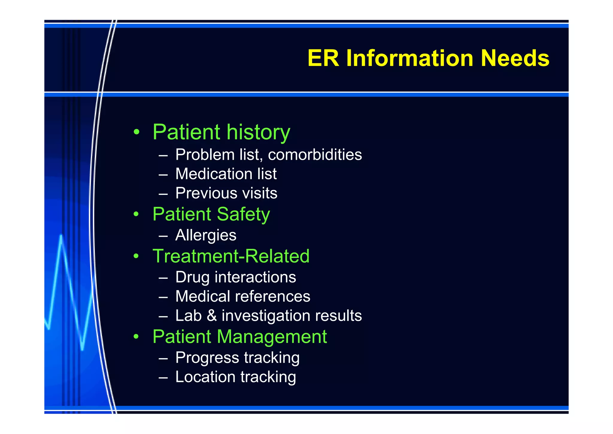 ER Information Needs


• Patient history
   – Problem list, comorbidities
   – Medication list
   – Previous visits
• Patient Safety
   – Allergies
• Treatment-Related
   – Drug interactions
   – Medical references
   – Lab & investigation results
• Patient Management
   – Progress tracking
   – Location tracking
 