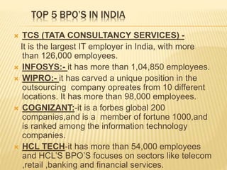 TOP 5 BPO’S IN INDIA
 TCS (TATA CONSULTANCY SERVICES) -
It is the largest IT employer in India, with more
than 126,000 employees.
 INFOSYS:- it has more than 1,04,850 employees.
 WIPRO:- it has carved a unique position in the
outsourcing company opreates from 10 different
locations. It has more than 98,000 employees.
 COGNIZANT:-it is a forbes global 200
companies,and is a member of fortune 1000,and
is ranked among the information technology
companies.
 HCL TECH-it has more than 54,000 employees
and HCL’S BPO’S focuses on sectors like telecom
,retail ,banking and financial services.
 