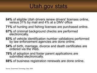 Utah.gov stats 64%  of eligible Utah drivers renew drivers' licenses online, versus 31% by mail and 4% at a DMV office 71%  of hunting and fishing licenses are purchased online. 67%  of criminal background checks are performed electronically. 83%  of vehicle identification number validations performed by law enforcement agencies are done online. 54%  of birth, marriage, divorce and death certificates are ordered via the Web. 78%  of adoption and foster parent applications are submitted electronically. 88%  of business registration renewals are done online. Source: Government Technology, Sept. 2008 