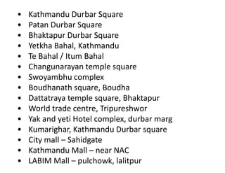 • Kathmandu Durbar Square
• Patan Durbar Square
• Bhaktapur Durbar Square
• Yetkha Bahal, Kathmandu
• Te Bahal / Itum Bahal
• Changunarayan temple square
• Swoyambhu complex
• Boudhanath square, Boudha
• Dattatraya temple square, Bhaktapur
• World trade centre, Tripureshwor
• Yak and yeti Hotel complex, durbar marg
• Kumarighar, Kathmandu Durbar square
• City mall – Sahidgate
• Kathmandu Mall – near NAC
• LABIM Mall – pulchowk, lalitpur
 