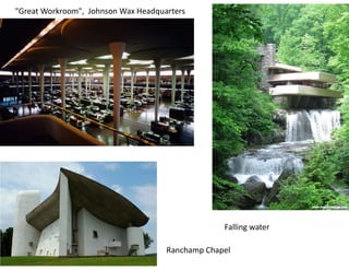 "Great Workroom", Johnson Wax Headquarters
Ranchamp Chapel
Falling water
 