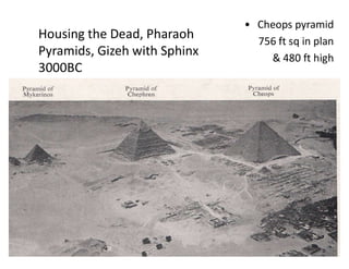 Housing the Dead, Pharaoh
Pyramids, Gizeh with Sphinx
3000BC
• Cheops pyramid
756 ft sq in plan
& 480 ft high
 