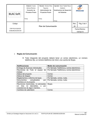 Elaboró: Aurea
Zamora Romero
Consultor de
Procesos Praxis
Firma:
Revisó: Homero Ríos
Figueroa
Administrador de
Proyectos Praxis
Firma:
Aprobó: Kevin Yasbert Bucio
Calderón
Subdirectora de Desarrollo
de Sistemas
Firma:
Código:
ITAP-PLA-PLAN DE
COMUNICACION-004
Plan de Comunicación
Rev:
00
Pág. 8 de 9
Fecha Efectiva
15/Feb/14
• Reglas de Comunicación
 Todo integrante del proyecto deberá tener un correo electrónico, un número
telefónico fijo, un número telefónico de móvil, una cuenta de Skype.
Notificaciones Medio de comunicación
Entrega de Avances individuales Por llamada Telefónica y correo electrónico.
Reuniones de Todo el equipo de
trabajo
Por llamada Telefónica y correo electrónico.
Status del proyecto Correo
Status de riesgos Correo
Reglamentos y reforma de leyes Por llamada, correo, nube.
Documentos actualizados por
Cambios en el proyecto
Por llamada, correo, nube.
Reuniones imprevistas, no planeadas
en días no laborables, o por
inasistencia de algún miembro.
Skype.
Cambios de calendario Correo
Emitido por Estrategia Integral en Soluciones S.A. de C.V. ITAP-PLA-PLAN DE COMUNICACION-004
8/9
Material Confidencial
 