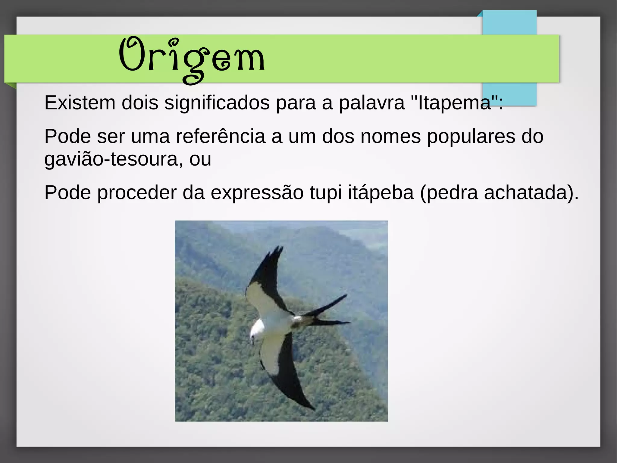 Origem
Existem dois significados para a palavra "Itapema":
Pode ser uma referência a um dos nomes populares do
gavião-tesoura, ou
Pode proceder da expressão tupi itápeba (pedra achatada).
 