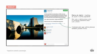 A Ponte de Pedra foi construída em 1846, há muito
tempo atrás!! É um dos principais monumentos urbanos
da cidade, tendo sido tombada pelo município em 1979.
#recortesdepoa #aniversariodepoa #amoportoalegre
Apoio: @nomedocliente1 e @nomedocliente2
Poste sua foto com a hashtag #recortesdepoa.
Marca do cliente + hashtag
da ação e outras populares.
Obs: caso o cliente possua conta
no Instagram poderemos linkar
com a conta.
Chamada para que outras pessoas
também postem fotos.
 