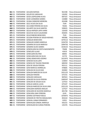 861   ES   ITAPEMIRIM   GEILSON RAPOZA                    961598   Pesca Artesanal
862   ES   ITAPEMIRIM   GEILZO DE CARVALHO                126392   Pesca Artesanal
863   ES   ITAPEMIRIM   GEISA LEOPOLDINA ALVES            687325   Pesca Artesanal
864   ES   ITAPEMIRIM   GEIZE LEONARDO GOMES              132880   Pesca Artesanal
865   ES   ITAPEMIRIM   GELBIA CARNEIRO MOREIRA           454288   Pesca Artesanal
866   ES   ITAPEMIRIM   GELCI ALVES DA SILVA               7544    Pesca Artesanal
867   ES   ITAPEMIRIM   GELCIANO PEREIRA DA SILVA         76266    Pesca Artesanal
868   ES   ITAPEMIRIM   GELIARTE DA SILVA SANTOS          599025   Pesca Artesanal
869   ES   ITAPEMIRIM   GELILA RAPOZA LAPA VIANA          132420   Pesca Artesanal
870   ES   ITAPEMIRIM   GELIO DA SILVA CLAUDIANO          456935   Pesca Artesanal
871   ES   ITAPEMIRIM   GELIO RIBEIRO BENEVIDES            7526    Pesca Artesanal
872   ES   ITAPEMIRIM   GELSON PEREIRA DE SOUZA NOVAES    499386   Pesca Artesanal
873   ES   ITAPEMIRIM   GENALDA BENEVIDES                1070112   Pesca Artesanal
874   ES   ITAPEMIRIM   GENALDO GOMES MARVILA            1034792   Pesca Artesanal
875   ES   ITAPEMIRIM   GENARIA DA SILVA MARVILA         1094756   Pesca Artesanal
876   ES   ITAPEMIRIM   GENARIO ALVES GOMES              1018125   Pesca Artesanal
877   ES   ITAPEMIRIM   GENEDILSON DA COSTA NASCIMENTO    79408    Pesca Artesanal
878   ES   ITAPEMIRIM   GENEILDO JULIAO                   43919    Pesca Artesanal
879   ES   ITAPEMIRIM   GENEILSON DELFINO                 80042    Pesca Artesanal
880   ES   ITAPEMIRIM   GENEILSON DIAS DA SILVA           41774    Pesca Artesanal
881   ES   ITAPEMIRIM   GENELI BENEVIDES OZORIO          1015975   Pesca Artesanal
882   ES   ITAPEMIRIM   GENESIO SILVA LAPA                133854   Pesca Artesanal
883   ES   ITAPEMIRIM   GENESIS DE TOLEDO PINHEIRO        600350   Pesca Artesanal
884   ES   ITAPEMIRIM   GENI DE SOUZA PEREIRA             955111   Pesca Artesanal
885   ES   ITAPEMIRIM   GENI MARVILA DORNELAS             478685   Pesca Artesanal
886   ES   ITAPEMIRIM   GENILDA DA SILVA DIAS             202802   Pesca Artesanal
887   ES   ITAPEMIRIM   GENILDA NARCIZO DA SILVA         1021125   Pesca Artesanal
888   ES   ITAPEMIRIM   GENILDA PEREIRA                   675725   Pesca Artesanal
889   ES   ITAPEMIRIM   GENILDO CARVALHO                  987023   Pesca Artesanal
890   ES   ITAPEMIRIM   GENILDO DA SILVA PEREIRA         1069547   Pesca Artesanal
891   ES   ITAPEMIRIM   GENILDO DE SOUZA SILVA            127553   Pesca Artesanal
892   ES   ITAPEMIRIM   GENILIA GARCIA LUCAS              675547   Pesca Artesanal
893   ES   ITAPEMIRIM   GENILSA NARCIZO DA SILVA LIMA    1021135   Pesca Artesanal
894   ES   ITAPEMIRIM   GENILSON ASEREDO ARAUJO           127527   Pesca Artesanal
895   ES   ITAPEMIRIM   GENILSON DE OLIVEIRA MARVILA      401730   Pesca Artesanal
896   ES   ITAPEMIRIM   GENILSON LIMA FERREIRA             6145    Pesca Artesanal
897   ES   ITAPEMIRIM   GENINA COITINHO FIDELIS          1070475   Pesca Artesanal
898   ES   ITAPEMIRIM   GENISON DE FREITAS MAGALHAES      401610   Pesca Artesanal
899   ES   ITAPEMIRIM   GENIVAL VIANA FERNANDES           52921    Pesca Artesanal
900   ES   ITAPEMIRIM   GENIVALDO CANDAL MARVILA          565215   Pesca Artesanal
901   ES   ITAPEMIRIM   GENIVALDO DA CUNHA PEREIRA        135376   Pesca Artesanal
 