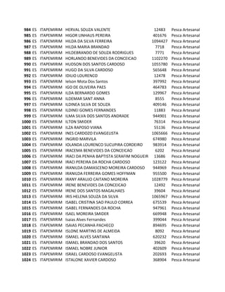 984   ES   ITAPEMIRIM   HERVAL SOUZA VALENTE                     12483    Pesca Artesanal
 985   ES   ITAPEMIRIM   HIGOR LINHAUS PEREIRA                    401676   Pesca Artesanal
 986   ES   ITAPEMIRIM   HILDA DA SILVA FERREIRA                 1094427   Pesca Artesanal
 987   ES   ITAPEMIRIM   HILDA MARIA BRANDAO                       7718    Pesca Artesanal
 988   ES   ITAPEMIRIM   HILDEBRANDO DE SOUZA RODRIGUES            7771    Pesca Artesanal
 989   ES   ITAPEMIRIM   HORLANDO BENEVIDES DA CONCEICAO         1102270   Pesca Artesanal
 990   ES   ITAPEMIRIM   HUDSON DOS SANTOS CARDOSO               1055780   Pesca Artesanal
 991   ES   ITAPEMIRIM   HUGO DA SILVA CARDOSO                    565648   Pesca Artesanal
 992   ES   ITAPEMIRIM   IDILIO LOURENCO                          12478    Pesca Artesanal
 993   ES   ITAPEMIRIM   Ielson Mota Dos Santos                   397992   Pesca Artesanal
 994   ES   ITAPEMIRIM   IGO DE OLIVEIRA PAES                     464783   Pesca Artesanal
 995   ES   ITAPEMIRIM   ILDA BERNARDO GOMES                      129967   Pesca Artesanal
 996   ES   ITAPEMIRIM   ILDEMAR SANT ANNA                         8555    Pesca Artesanal
 997   ES   ITAPEMIRIM   ILDINEA SILVA DE SOUZA                   409146   Pesca Artesanal
 998   ES   ITAPEMIRIM   ILDINEI GOMES FERNANDES                  11883    Pesca Artesanal
 999   ES   ITAPEMIRIM   ILMA SILVA DOS SANTOS ANDRADE            944901   Pesca Artesanal
1000   ES   ITAPEMIRIM   ILTON SMIDER                             76314    Pesca Artesanal
1001   ES   ITAPEMIRIM   ILZA RAPOSO VIANA                        55136    Pesca Artesanal
1002   ES   ITAPEMIRIM   INES CARDOZO EVANGELISTA                1065666   Pesca Artesanal
1003   ES   ITAPEMIRIM   INGRID MARVILA                           674980   Pesca Artesanal
1004   ES   ITAPEMIRIM   IOLANDA LOURENCO SUCUPIRA CORDEIRO       983914   Pesca Artesanal
1005   ES   ITAPEMIRIM   IRACEMA BENEVIDES DA CONCEICAO            6202    Pesca Artesanal
1006   ES   ITAPEMIRIM   IRACI DA PENHA BAPTISTA SERAFIM NOGUEIRA 13686    Pesca Artesanal
1007   ES   ITAPEMIRIM   IRACI PEREIRA DA ROCHA CARDOSO           123122   Pesca Artesanal
1008   ES   ITAPEMIRIM   IRANILDA DAMASCENO MOREIRA CARDOSO       944969   Pesca Artesanal
1009   ES   ITAPEMIRIM   IRANILDA FERREIRA GOMES HOFFMAN          955500   Pesca Artesanal
1010   ES   ITAPEMIRIM   IRANY ARAUJO CAITANO MOREIRA            1028779   Pesca Artesanal
1011   ES   ITAPEMIRIM   IRENE BENEVIDES DA CONCEICAO             12492    Pesca Artesanal
1012   ES   ITAPEMIRIM   IRENE DOS SANTOS MAGALHAES               39604    Pesca Artesanal
1013   ES   ITAPEMIRIM   IRIS HELENA SOUZA DA SILVA              1065967   Pesca Artesanal
1014   ES   ITAPEMIRIM   ISABEL CRISTINA SAO PAULO CORREA         675539   Pesca Artesanal
1015   ES   ITAPEMIRIM   ISABEL FERNANDES DA ROCHA                947961   Pesca Artesanal
1016   ES   ITAPEMIRIM   ISAEL MOREIRA SMIDER                     669948   Pesca Artesanal
1017   ES   ITAPEMIRIM   Isaias Alves Fernandes                   399044   Pesca Artesanal
1018   ES   ITAPEMIRIM   ISAIAS PECANHA PACHECO                   894695   Pesca Artesanal
1019   ES   ITAPEMIRIM   ISLONE MARTINS DE ALMEIDA                 8092    Pesca Artesanal
1020   ES   ITAPEMIRIM   ISMAEL ALVES SANTANA                     620232   Pesca Artesanal
1021   ES   ITAPEMIRIM   ISMAEL BRANDAO DOS SANTOS                39620    Pesca Artesanal
1022   ES   ITAPEMIRIM   ISMAEL NOBRE JUNIOR                      402609   Pesca Artesanal
1023   ES   ITAPEMIRIM   ISRAEL CARDOSO EVANGELISTA               202693   Pesca Artesanal
1024   ES   ITAPEMIRIM   ISTALONE XAVIER CARDOSO                  368904   Pesca Artesanal
 