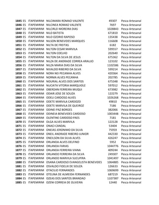 1845   ES   ITAPEMIRIM   NILCIMARA ROMAO VALENTE                49307    Pesca Artesanal
1846   ES   ITAPEMIRIM   NILCINEA ROMAO VALENTE                  7697    Pesca Artesanal
1847   ES   ITAPEMIRIM   NILCIRLEI MOREIRA DIAS                1028843   Pesca Artesanal
1848   ES   ITAPEMIRIM   NILO BATISTA                           671810   Pesca Artesanal
1849   ES   ITAPEMIRIM   NILO OZORIO RAPOSO                     135438   Pesca Artesanal
1850   ES   ITAPEMIRIM   NILSON BENEVIDES MARQUES               116608   Pesca Artesanal
1851   ES   ITAPEMIRIM   NILTA DE FREITAS                        6182    Pesca Artesanal
1852   ES   ITAPEMIRIM   NILTON CESAR MARVILA                   599557   Pesca Artesanal
1853   ES   ITAPEMIRIM   NILTON COELHO                          202640   Pesca Artesanal
1854   ES   ITAPEMIRIM   NILTON DA SILVA DE JESUS               675362   Pesca Artesanal
1855   ES   ITAPEMIRIM   NILZA DE ANDRADE CORREA ARAUJO         123102   Pesca Artesanal
1856   ES   ITAPEMIRIM   NILZA MARIA DIAS DA SILVA             1102586   Pesca Artesanal
1857   ES   ITAPEMIRIM   NIVALDO RIBEIRO DA SILVA               599214   Pesca Artesanal
1858   ES   ITAPEMIRIM   NORA NEI PECANHA ALVES                 420364   Pesca Artesanal
1859   ES   ITAPEMIRIM   NORMA ALVES PECANHA                    202785   Pesca Artesanal
1860   ES   ITAPEMIRIM   NOURIAL ALVES DOS SANTOS               675348   Pesca Artesanal
1861   ES   ITAPEMIRIM   NUCIATA VITORIA MARQUIOLE              597012   Pesca Artesanal
1862   ES   ITAPEMIRIM   OBERDAN FERREIRA MUQUI                 673982   Pesca Artesanal
1863   ES   ITAPEMIRIM   ODAIR JOSE DE SOUZA                    122279   Pesca Artesanal
1864   ES   ITAPEMIRIM   ODELI CARDOSO ALVES                   1026268   Pesca Artesanal
1865   ES   ITAPEMIRIM   ODETE MARVILA CARDOZO                  49810    Pesca Artesanal
1866   ES   ITAPEMIRIM   ODETE MARVILA DE QUEIROZ                7186    Pesca Artesanal
1867   ES   ITAPEMIRIM   ODINEI PAZ BORGES                      382066   Pesca Artesanal
1868   ES   ITAPEMIRIM   ODINEIA BENEVIDES CARDOSO             1003448   Pesca Artesanal
1869   ES   ITAPEMIRIM   OLENTINE CARDOSO PAES                   7181    Pesca Artesanal
1870   ES   ITAPEMIRIM   OLGA ALVES MARVILA                     122128   Pesca Artesanal
1871   ES   ITAPEMIRIM   ONACI CANDAL                           53404    Pesca Artesanal
1872   ES   ITAPEMIRIM   ONEIAS JERONIMO DA SILVA               75959    Pesca Artesanal
1873   ES   ITAPEMIRIM   ONEIL ANDRADE RIBEIRO JUNIOR           442330   Pesca Artesanal
1874   ES   ITAPEMIRIM   ONEILSON DA SILVA ALVES                426247   Pesca Artesanal
1875   ES   ITAPEMIRIM   ORLANDA ALVES DELFINO                   5952    Pesca Artesanal
1876   ES   ITAPEMIRIM   ORLANDA FARIAS                        1044776   Pesca Artesanal
1877   ES   ITAPEMIRIM   ORLANDA FERREIRA VIANA                 409244   Pesca Artesanal
1878   ES   ITAPEMIRIM   ORLANDO FERREIRA DA SILVA              249307   Pesca Artesanal
1879   ES   ITAPEMIRIM   ORLANDO MARVILA SUCUPIRA              1041497   Pesca Artesanal
1880   ES   ITAPEMIRIM   OSANA CARDOSO EVANGELISTA BENEVIDES   1064885   Pesca Artesanal
1881   ES   ITAPEMIRIM   OSVALDO FIDELIX DE SOUZA               126633   Pesca Artesanal
1882   ES   ITAPEMIRIM   OTACILIO FERNANDES                    1069699   Pesca Artesanal
1883   ES   ITAPEMIRIM   OTELINA DE ALMEIDA FERNANDES           687219   Pesca Artesanal
1884   ES   ITAPEMIRIM   OZEAS DOS SANTOS BRANDAO              1107387   Pesca Artesanal
1885   ES   ITAPEMIRIM   OZENI CORREIA DE OLIVEIRA              12440    Pesca Artesanal
 