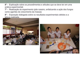 6° - Explicação sobre os procedimentos e atitudes que se deve ter em uma
prática experimental;
7° - Realização do experimento (pão caseiro, enfatizando a ação dos fungos
como agentes de crescimento da massa);
8° - Exposição dialogada sobre os resultados experimentais obtidos e a
leitura realizada.
 