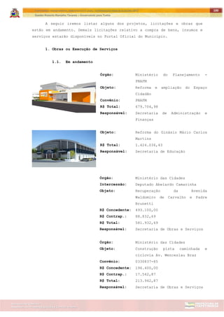 ITAPETININGA TRANSPARENTE, DEMOCRÁTICA E LEGAL: CONTRIBUIÇÃO PARA AS ELEIÇÕES 2012
Gestão Roberto Ramalho Tavares – Governando para Todos
Assessoria de Projetos Especiais e Controle Interno
Secretaria de Gabinete
100
A seguir iremos listar alguns dos projetos, licitações e obras que
estão em andamento. Demais licitações relativo a compra de bens, insumos e
serviços estarão disponíveis no Portal Oficial do Município.
1. Obras ou Execução de Serviços
1.1. Em andamento
Órgão: Ministério do Planejamento -
PNAFM
Objeto: Reforma e ampliação do Espaço
Cidadão
Convênio: PNAFM
R$ Total: 679.704,98
Responsável: Secretaria de Administração e
Finanças
Objeto: Reforma do Ginásio Mário Carlos
Martins
R$ Total: 1.424.036,43
Responsável: Secretaria de Educação
Órgão: Ministério das Cidades
Intercessão: Deputado Abelardo Camarinha
Objeto: Recuperação da Avenida
Waldomiro de Carvalho e Padre
Brunetti
R$ Concedente: 493.100,00
R$ Contrap.: 88.832,69
R$ Total: 581.932,69
Responsável: Secretaria de Obras e Serviços
Órgão: Ministério das Cidades
Objeto: Construção pista caminhada e
ciclovia Av. Wenceslau Braz
Convênio: 0330837-85
R$ Concedente: 196.400,00
R$ Contrap.: 17.542,87
R$ Total: 213.942,87
Responsável: Secretaria de Obras e Serviços
 