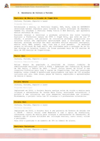 ITAPETININGA TRANSPARENTE, DEMOCRÁTICA E LEGAL: CONTRIBUIÇÃO PARA AS ELEIÇÕES 2012
Gestão Roberto Ramalho Tavares – Governando para Todos
Assessoria de Projetos Especiais e Controle Interno
Secretaria de Gabinete
136
3. Secretaria de Cultura e Turismo
Festivais de Música e Criação do Itapê Hits
Cultura, Turismo, Esporte e Lazer
Programa Municipal
Estimulando a música, os Festivais Gospel, RAP, Rock, além do EXPOMUSIC
selecionam bandas regionais para tocarem no palco principal da ExpoAgro.
Também foi retomado o Festival Teddy Vieira e Nhô Bentico, que apresenta
música sertaneja de raiz.
Buscando revelar e valorizar a produção artística dos novos talentos
musicais a Prefeitura lançou em 2005 o Itapê Hits, que está em sua 5ª
edição. O projeto, com parceria da iniciativa privada, proporciona aos
artistas locais uma importante oportunidade para a divulgação de suas
músicas, atraindo artistas dos mais variados estilos musicais (sertanejo,
música raiz, MPB, gospel, rap, rock pop e rock pesado). Os melhores
grupos ou artistas de cada estilo são convidados para a gravação de um CD,
que divulga os talentos locais. Já foram gravadas mais de 130 músicas de
mais de 400 músicos de Itapetininga.
Teatro Sesi
Cultura, Turismo, Esporte e Lazer
Parceria Público-Privada
Antigo desejo da população e resultado de intenso trabalho da
administração municipal junto à FIESP - Federação das Indústrias do Estado
de São Paulo, o Teatro do SESI – “Profª Jovina Leonel da Silva” é uma
conquista histórica para toda a região de Itapetininga. Com uma construção
moderna, nossa cidade é beneficiada gratuitamente com mais de 130 atrações
culturais por ano, como shows, peças de teatro, exposições e apresentações
de música e dança.
Projeto Batuta
Cultura, Turismo, Esporte e Lazer
Programa Municipal
Implantado em 2010, o Projeto Batuta realiza aulas de violão e música para
crianças e adolescentes do Jardim Bela Vista, envolvendo voluntários. O
projeto é uma iniciativa que visa despertar musicalidade nas crianças.
Atualmente, o projeto conta com 50 crianças e 2 professores voluntários.
Projeto Guri
Cultura, Turismo, Esporte e Lazer
Parceria Estadual
Implantado em 2010, o Projeto Guri é uma parceria do Governo do Estado com
o CESIM – Centro Social Irmã Madalena e tem o apoio da Prefeitura,
oferecendo cursos de música para crianças e adolescentes do Taboãzinho. No
momento são 87 alunos divididos em: iniciação musical, canto coral, violão
e percussão.
Para 2012 a previsão é um aumento de 30% no número de alunos.
Festivais Turísticos
Cultura, Turismo, Esporte e Lazer
 