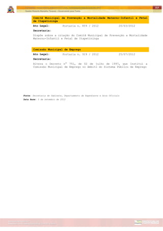 ITAPETININGA TRANSPARENTE, DEMOCRÁTICA E LEGAL: CONTRIBUIÇÃO PARA AS ELEIÇÕES 2012
Gestão Roberto Ramalho Tavares – Governando para Todos
Assessoria de Projetos Especiais e Controle Interno
Secretaria de Gabinete
217
Comitê Municipal de Prevenção a Mortalidade Materno-Infantil e Fetal
de Itapetininga
Ato Legal: Portaria n. 859 / 2012 20/03/2012
Secretaria:
Dispõe sobre a criação do Comitê Municipal de Prevenção a Mortalidade
Materno-Infantil e Fetal de Itapetininga
Comissão Municipal de Emprego
Ato Legal: Portaria n. 919 / 2012 25/07/2012
Secretaria:
Altera o Decreto n° 751, de 02 de julho de 1997, que Institui a
Comissão Municipal de Emprego no âmbito do Sistema Público de Emprego
Fonte: Secretaria de Gabinete, Departamento de Expediente e Atos Oficiais
Data Base: 5 de setembro de 2012
 