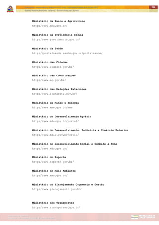 ITAPETININGA TRANSPARENTE, DEMOCRÁTICA E LEGAL: CONTRIBUIÇÃO PARA AS ELEIÇÕES 2012
Gestão Roberto Ramalho Tavares – Governando para Todos
Assessoria de Projetos Especiais e Controle Interno
Secretaria de Gabinete
226
Ministério da Pesca e Agricultura
http://www.mpa.gov.br/
Ministério da Previdência Social
http://www.previdencia.gov.br/
Ministério da Saúde
http://portalsaude.saude.gov.br/portalsaude/
Ministério das Cidades
http://www.cidades.gov.br/
Ministério das Comunicações
http://www.mc.gov.br/
Ministério das Relações Exteriores
http://www.itamaraty.gov.br/
Ministério de Minas e Energia
http://www.mme.gov.br/mme
Ministério do Desenvolvimento Agrário
http://www.mda.gov.br/portal/
Ministério do Desenvolvimento, Indústria e Comércio Exterior
http://www.mdic.gov.br/sitio/
Ministério do Desenvolvimento Social e Combate à Fome
http://www.mds.gov.br/
Ministério do Esporte
http://www.esporte.gov.br/
Ministério do Meio Ambiente
http://www.mma.gov.br/
Ministério do Planejamento Orçamento e Gestão
http://www.planejamento.gov.br/
Ministério dos Transportes
http://www.transportes.gov.br/
 