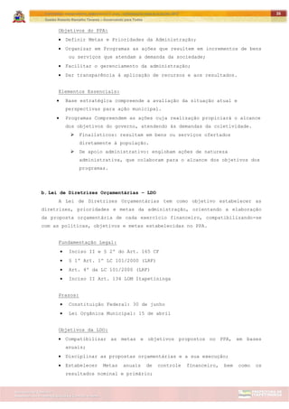 ITAPETININGA TRANSPARENTE, DEMOCRÁTICA E LEGAL: CONTRIBUIÇÃO PARA AS ELEIÇÕES 2012
Gestão Roberto Ramalho Tavares – Governando para Todos
Assessoria de Projetos Especiais e Controle Interno
Secretaria de Gabinete
26
Objetivos do PPA:
 Definir Metas e Prioridades da Administração;
 Organizar em Programas as ações que resultem em incrementos de bens
ou serviços que atendam a demanda da sociedade;
 Facilitar o gerenciamento da administração;
 Dar transparência à aplicação de recursos e aos resultados.
Elementos Essenciais:
 Base estratégica compreende a avaliação da situação atual e
perspectivas para ação municipal.
 Programas Compreendem as ações cuja realização propiciará o alcance
dos objetivos do governo, atendendo ás demandas da coletividade.
 Finalísticos: resultam em bens ou serviços ofertados
diretamente à população.
 De apoio administrativo: englobam ações de natureza
administrativa, que colaboram para o alcance dos objetivos dos
programas.
b. Lei de Diretrizes Orçamentárias – LDO
A Lei de Diretrizes Orçamentárias tem como objetivo estabelecer as
diretrizes, prioridades e metas da administração, orientando a elaboração
da proposta orçamentária de cada exercício financeiro, compatibilizando-se
com as políticas, objetivos e metas estabelecidas no PPA.
Fundamentação Legal:
 Inciso II e § 2º do Art. 165 CF
 § 1º Art. 1º LC 101/2000 (LRF)
 Art. 4º da LC 101/2000 (LRF)
 Inciso II Art. 134 LOM Itapetininga
Prazos:
 Constituição Federal: 30 de junho
 Lei Orgânica Municipal: 15 de abril
Objetivos da LDO:
 Compatibilizar as metas e objetivos propostos no PPA, em bases
anuais;
 Disciplinar as propostas orçamentárias e a sua execução;
 Estabelecer Metas anuais de controle financeiro, bem como os
resultados nominal e primário;
 